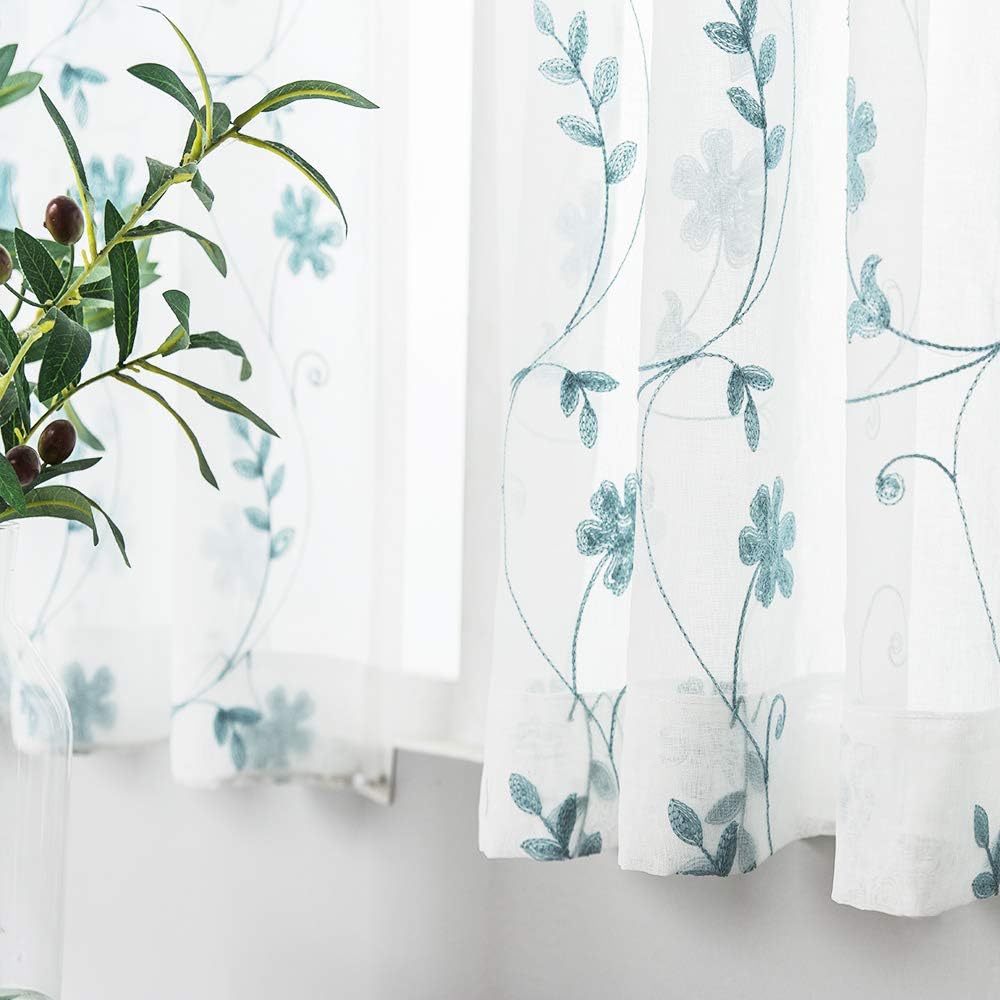 Sheer Curtains Blue 45 Inch Embroidered Floral, Rod Pocket Voile Drapes for Living room, Bedroom, Window Treatments Semi Crinkle Curtain Panels for Yard, Patio, Villa, Parlor, Set of 2, 52"x 45".