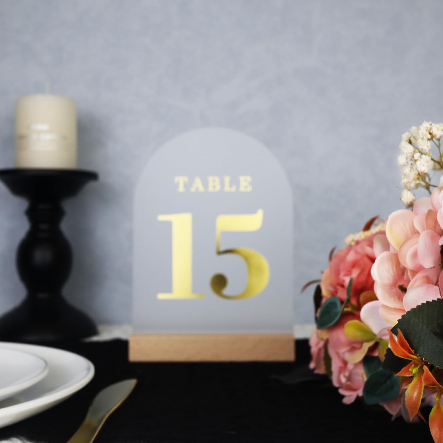 Wedding Table Numbers 1-10, Acrylic Arch Signs with Natural Wood Stands Holders, Rustic Table Decor for Reception & Parties (Frosted Gold)