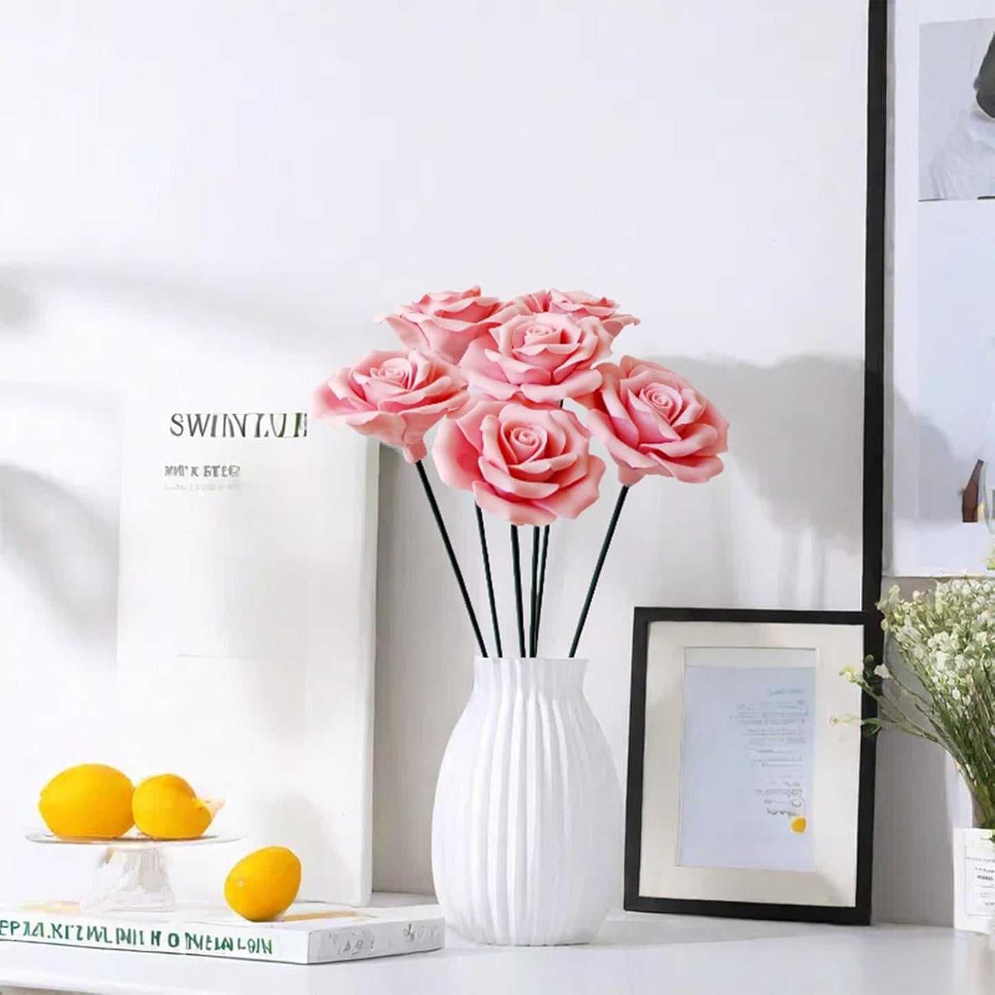 6 pcs Handmade Ceramic Roses,Featuring Vibrant Colors and Intricate Petal Details Floral Decorations Wedding Decoration Christmas Decor Gift Providing Long-Lasting Beauty (Pink)