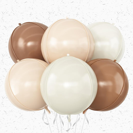 Sand White Brown Round Foil Balloons 6Pcs,Giant 4D Round Ball Balloons,22 Inch Boho Cream Nude Beige Balloon for Birthday Baby Shower Engagement Party Decorations
