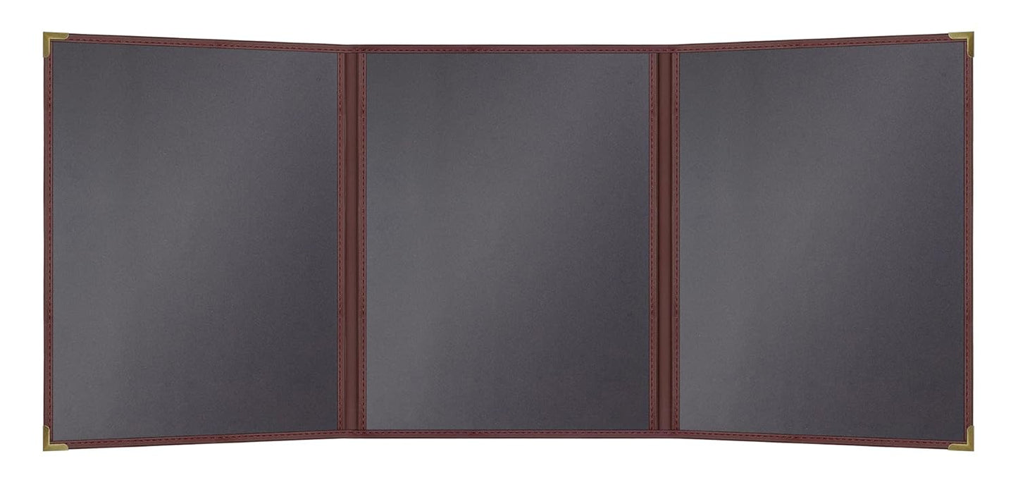 Goodsmart Pajco Style Restaurant Menu Covers – Pack of 10, Side-Load Fold-Out Menu Holders, Single Stitched Edge Clear Vinyl Menu Sleeves, Leatherette Trim Gold Corners, Burgundy, 3 View (8.5" x 11")
