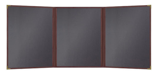 Goodsmart Pajco Style Restaurant Menu Covers – Pack of 10, Side-Load Fold-Out Menu Holders, Single Stitched Edge Clear Vinyl Menu Sleeves, Leatherette Trim Gold Corners, Burgundy, 3 View (8.5" x 11")
