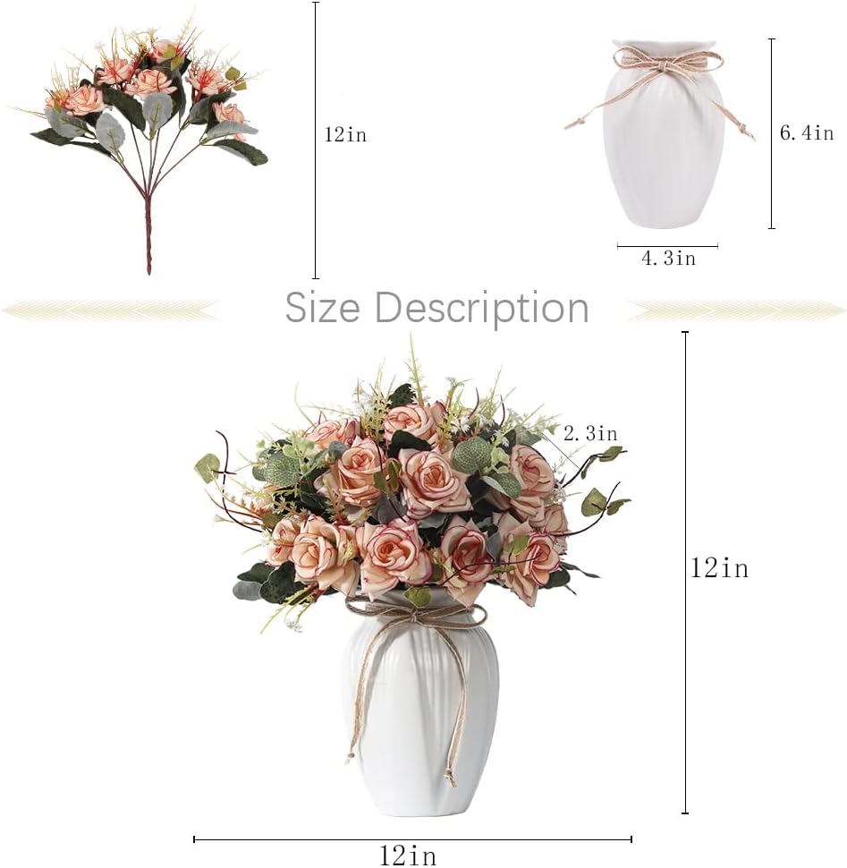 LESING Artificial Rose with Vase,Fake Silk Flowers Bouquets in Vase Table Centerpiece Arrangement for Kitchen Living Room (Pink)