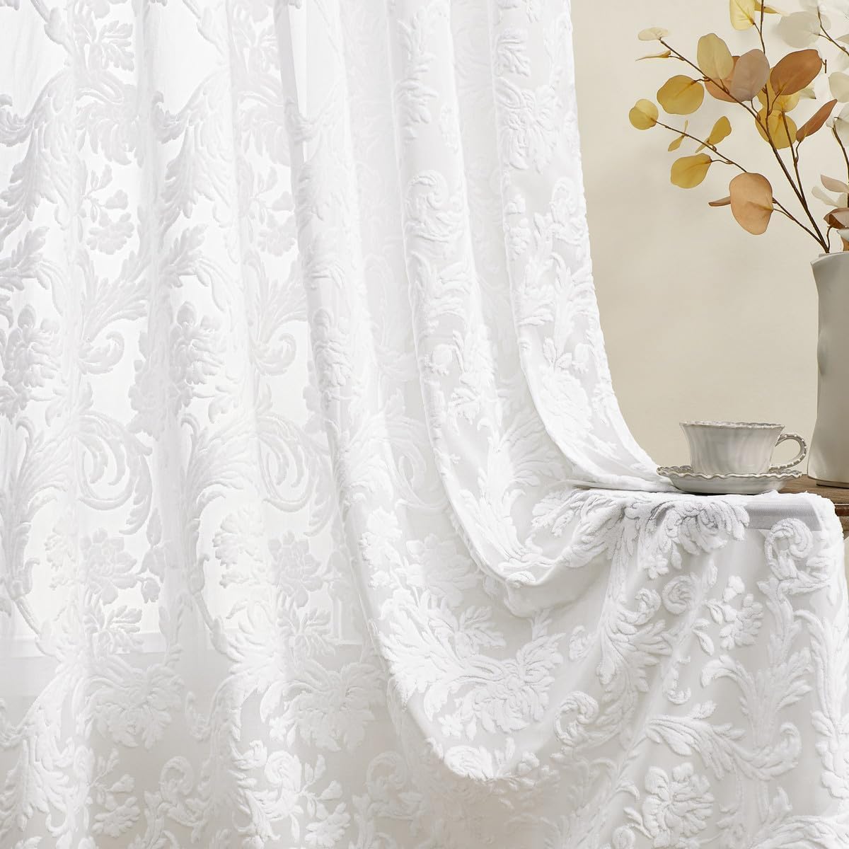 White Sheer Curtains for Living Room Boho Rod Pocket Light Filtering Curtain Drapes 95 inches Long 2 Panels Set with Floral for Bedroom 3D Flocked Texture & Rococo Motifs Window Curtains 52"W*95"L