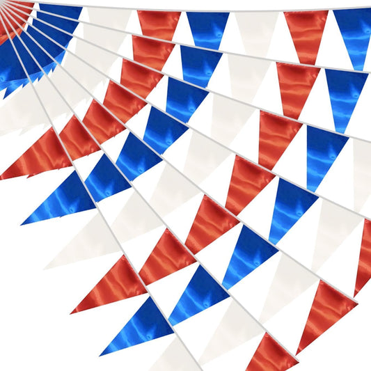 20M/65FT White Blue Red Triangle Pennant Banner Flag Metallic Fabric Bunting Garland for Christmas Graduation, Independence Day, 4th of july, Patriotic Themed Party Decoration