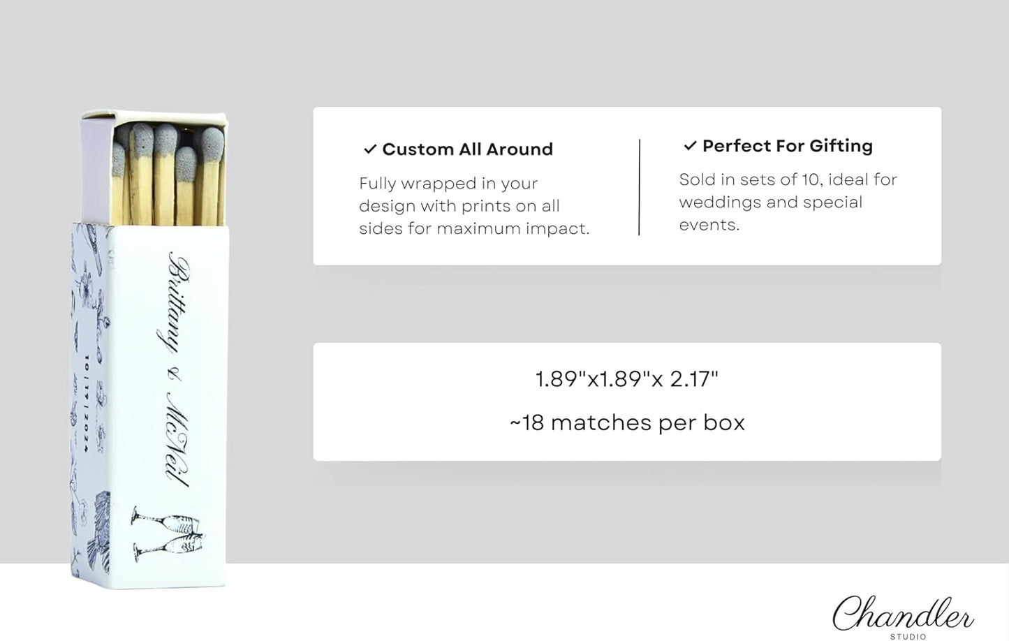 Custom Matchboxes - Set of 10 - Personalized - 2" Inch Long - Colorful Matchsticks - Weddings – Wedding Favor - Matchboxes, Custom Matchbox (2" Matchsticks, Wedding Design #6)