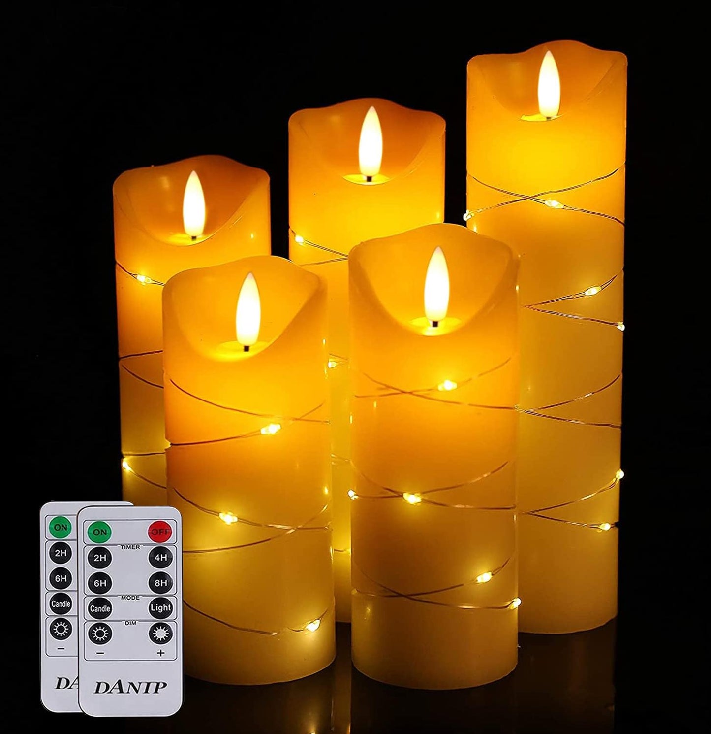 LED flameless Candle, with Embedded Starlight String,（ danip)5-Piece LED Candle, with 10-Key Remote Control, 24-Hour Timer Function, Dancing Flame, Real Wax, Battery-Powered. (Ivory White)
