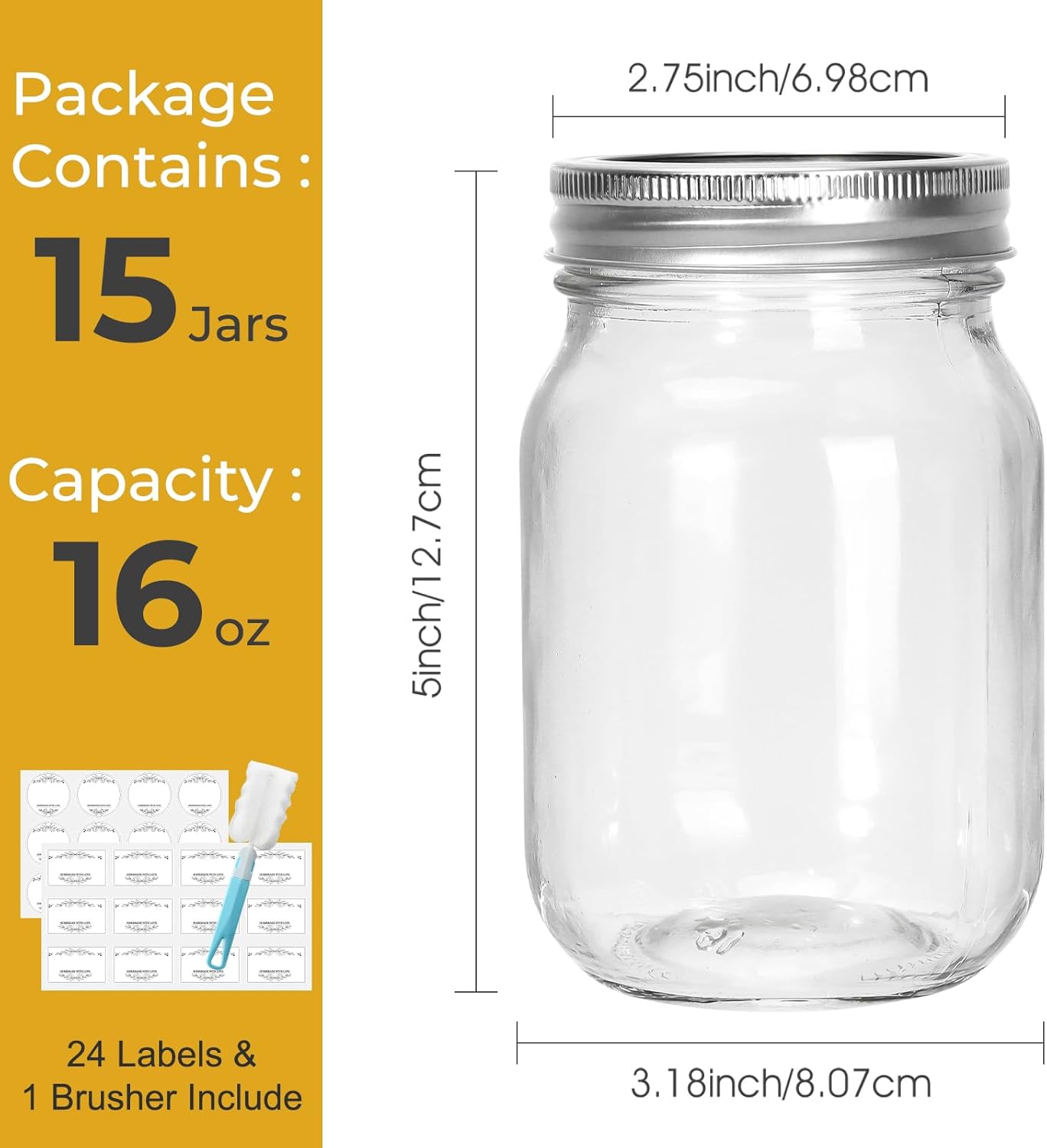 CycleMore 16 oz Mason Jars With Airtight Lids and Brands 15 Pack Glass Canning Jars with Regular Mouth, Pint Clear Glass Jar For DIY Projects, Food Storage and Fermenting with Brush & 24 Labels