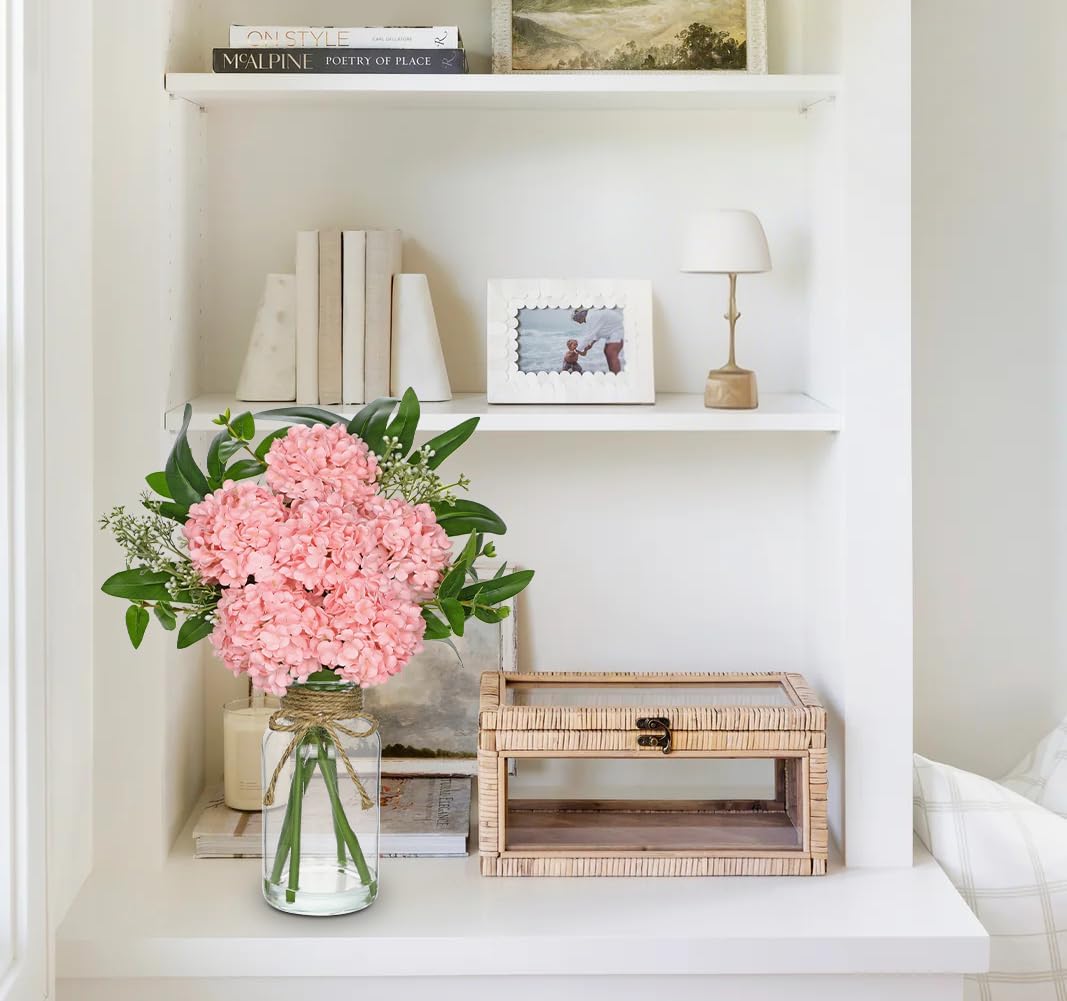 Hollyone Pink Hydrangea Artificial Flowers in Clear Glass Vase with Faux Water Silk Hydrangeas Fake Flowers Floral Arrangement for Home Bathroom Kitchen Office Table Centerpiece Shelf Decorations