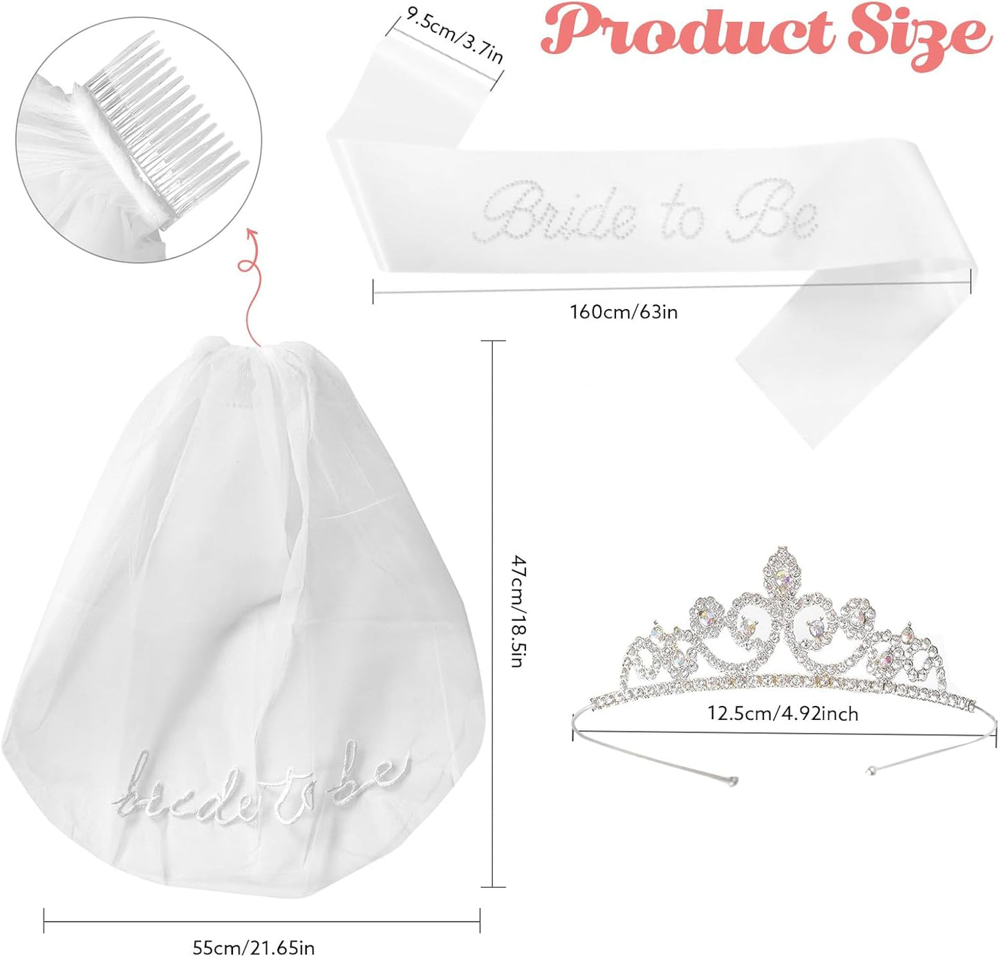 3PCS Bride Decorations Set – Satin Bride Sash, White Veil with Embroidered Letters, Silver Tiara Headband– Elegant Bridal Accessories for Wedding, Bachelorette Party
