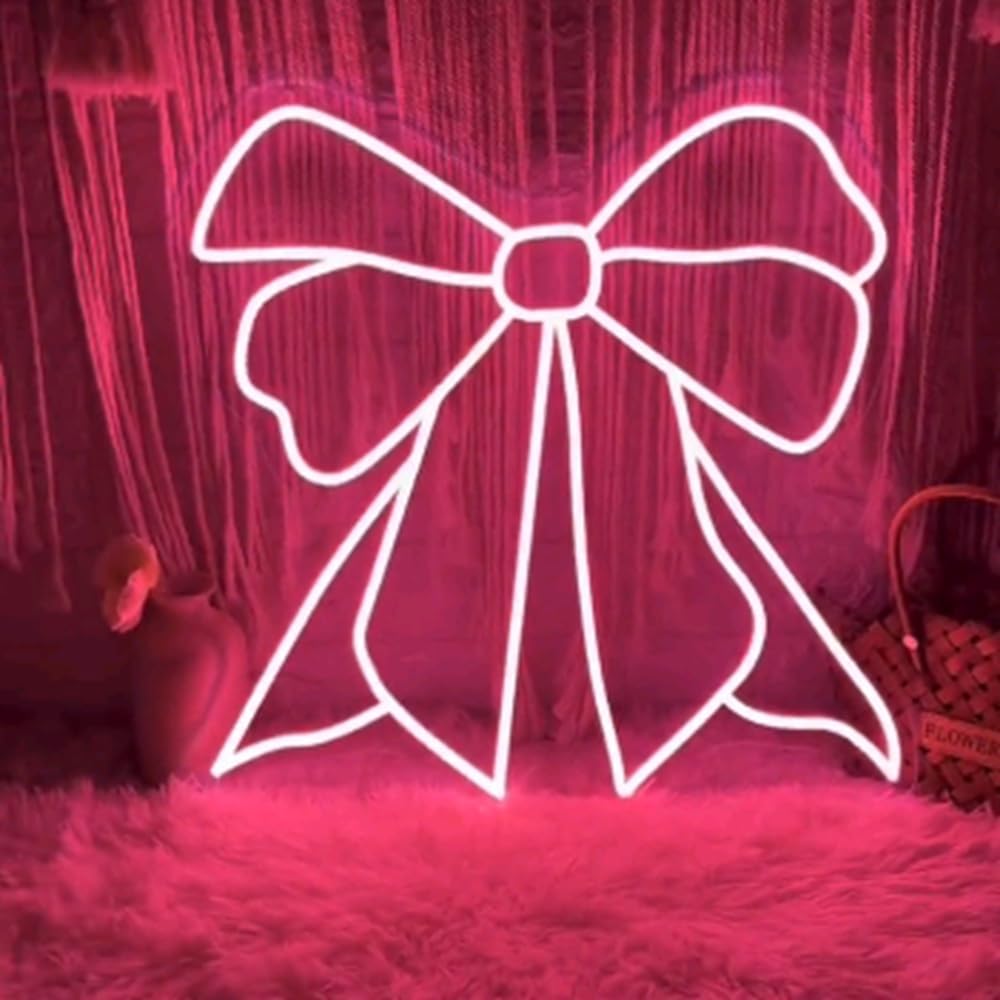 Pink Bow LED Neon Sign, Custom Bedroom Girl's Room Neon Light Sign Home Wall Dorm Beauty Room Salon Decor Party Bar Decoration Gift For Her Size:18x18inch