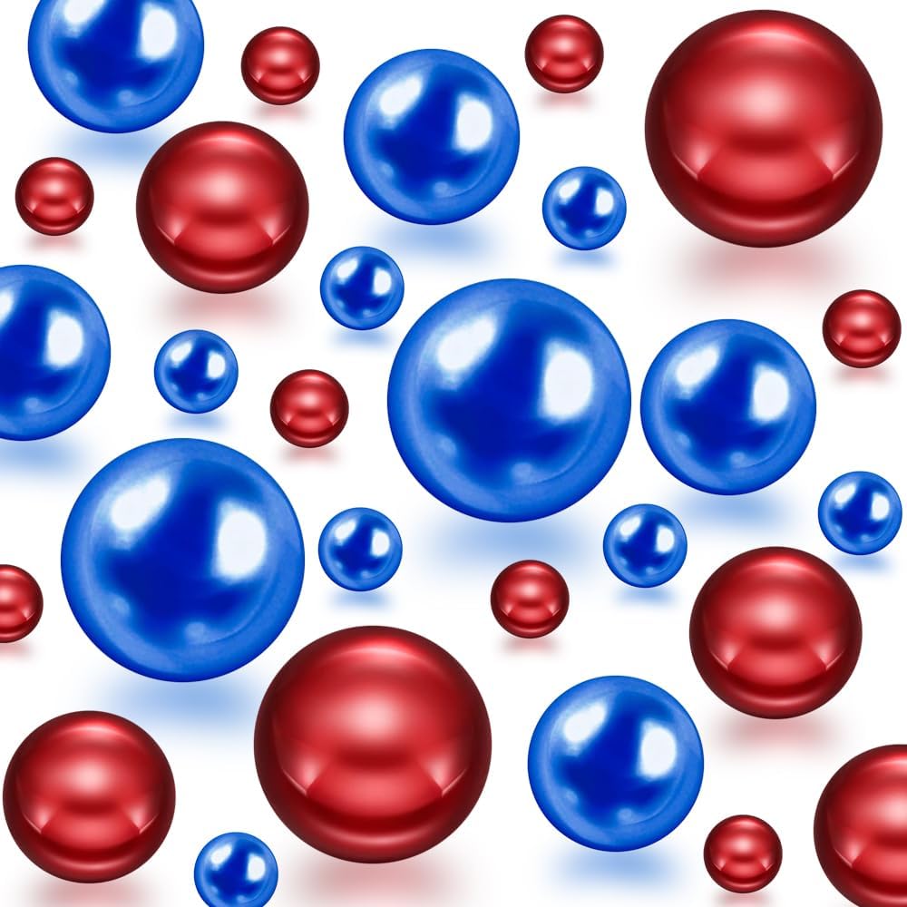 150Pcs Blue&Red Polished No Hole Faux Pearl Beads for Vase Filling Decorations, Plastic Pearls Vase Fillers, Table Scatters, Wedding Centerpiece, 8/14/20 mm, 4th of July Independence Day Home Decor