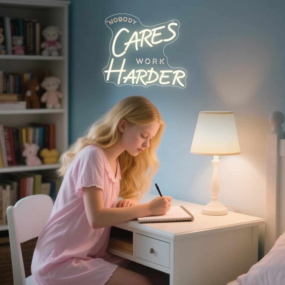 Nobody Cares Work Harder Neon Sign,Motivational Dimmable LED Light Signs for Wall Art Decor,Backdrop for Office Study Room Gym Bedroom Man Cave,Gift for Teen USB Powered（13.8"*11.9"）