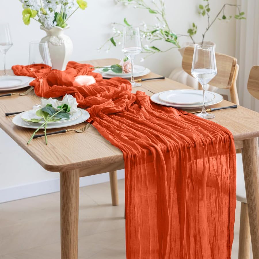 8 Pack 10Ft Orange Cheesecloth Table Runner 35x120 inch Boho Gauze Cheese Cloths Table Runners Long Wrinkled Sheer Romantic Table Runner for Wedding Bridal Shower Birthday Party Table Decor