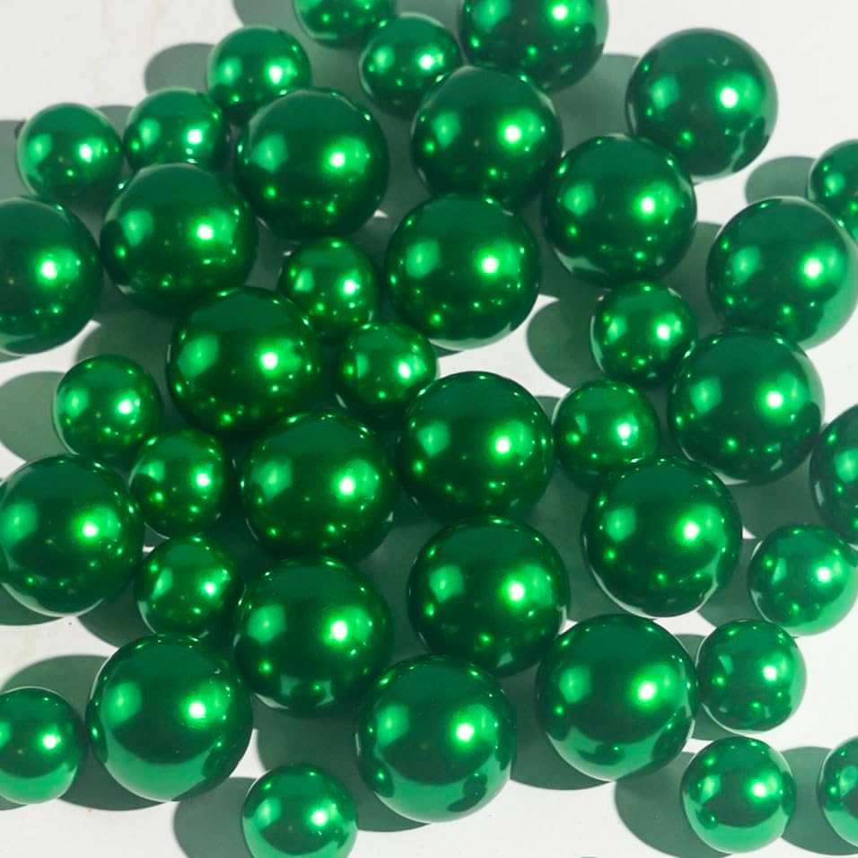 300Pcs Green Polished No Hole Faux Pearl Beads for Vase Filling Decorations, Plastic Pearls Vase Fillers, Table Scatters, Wedding Centerpiece, Home Decor, 8/14/20 mm