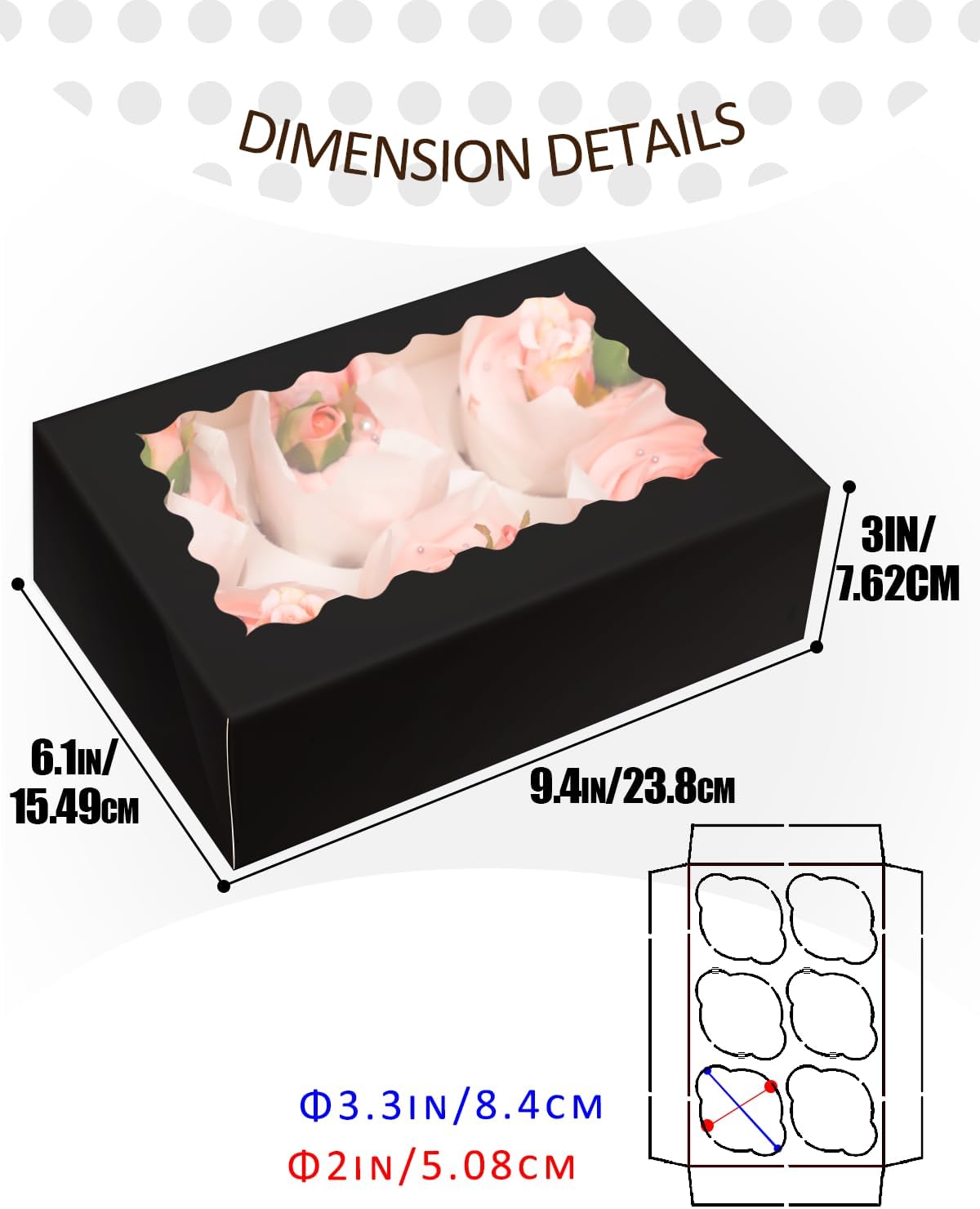 qiqee Black 6 Cupcake Boxes with Window Auto-pop up 30 Packs Cupcake Box 9"x6.1"x3.3" Bakery Boxes For Cupcakes Carrier, Cupcake Containers