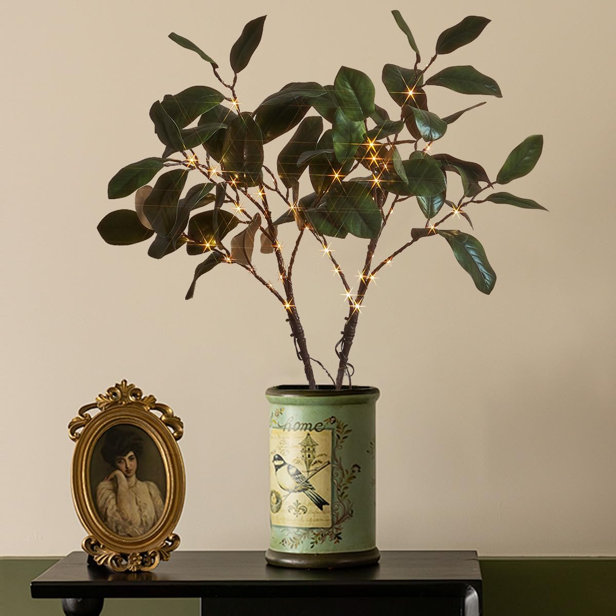 Fudios Magnolia Branches Lights with Timer 32IN 60 LED Battery Operated or USB Plug in Artificial Greenery Magnolia Stems for Spring Decor