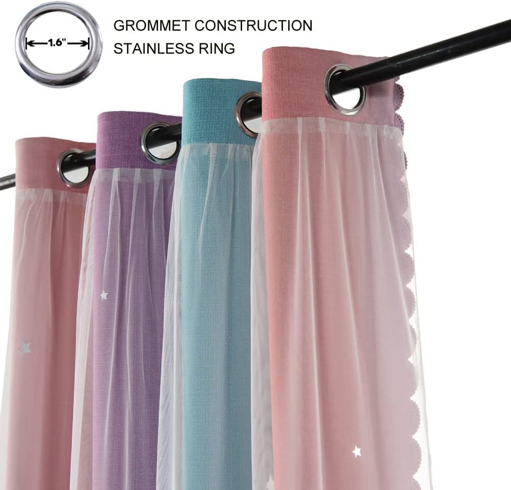 FANLI Ombre Rainbow Blackout Curtains for Kid Girls Bedroom Living Room Darking Stripe Double Layer Star Cut Out Wall Home Decor Gradient Grommet Window Curtains (Pink Purple, 52W x 72L)