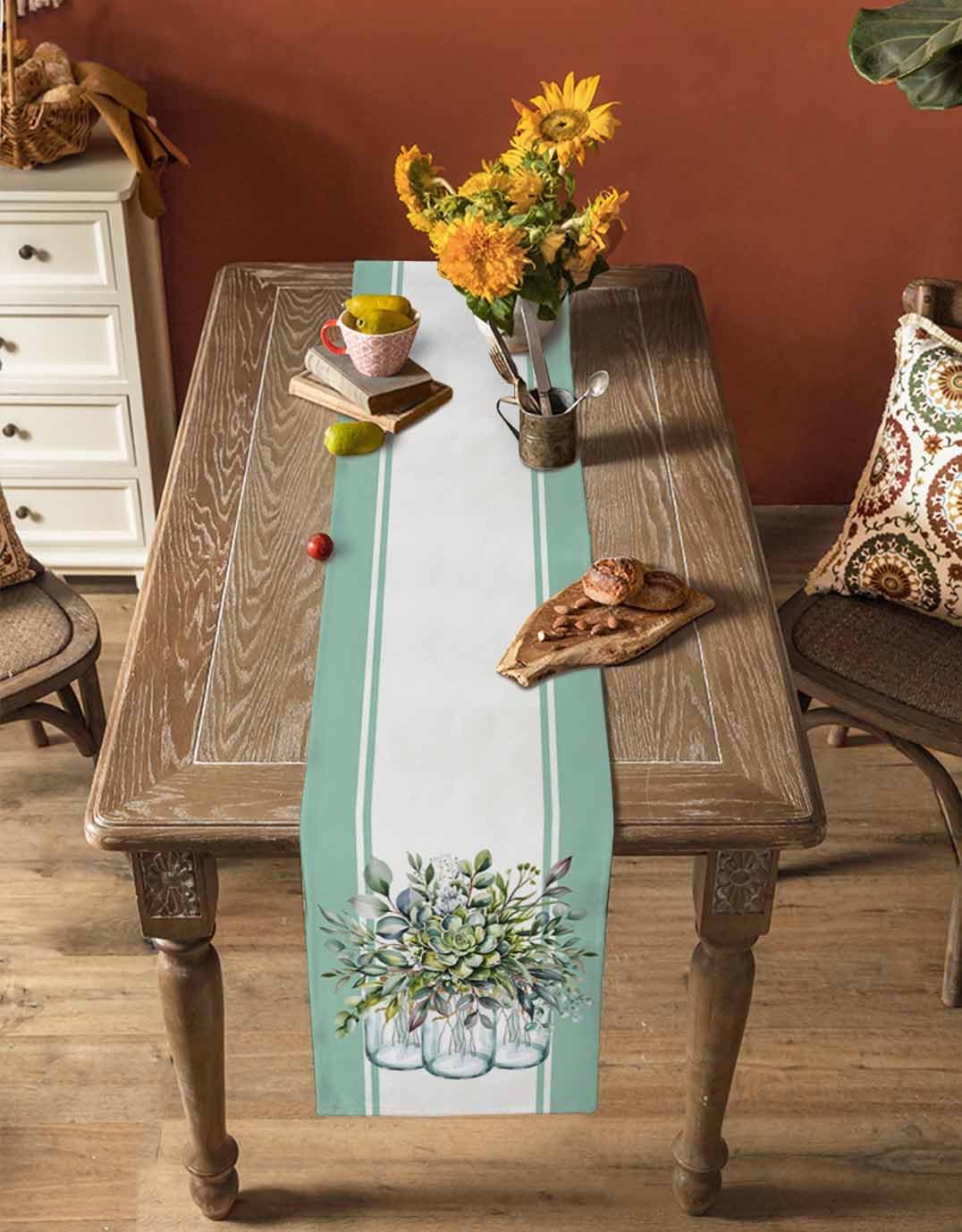 Eucalyptus Cotton Linen Table Runner for Dining Kitchen, Wedding Outdoor Party Tablerunners Decoration, Green Leaves Botanical Plants Watercolor Dresser Scarf Coffee Tablecloth Runners 13x36 Inches