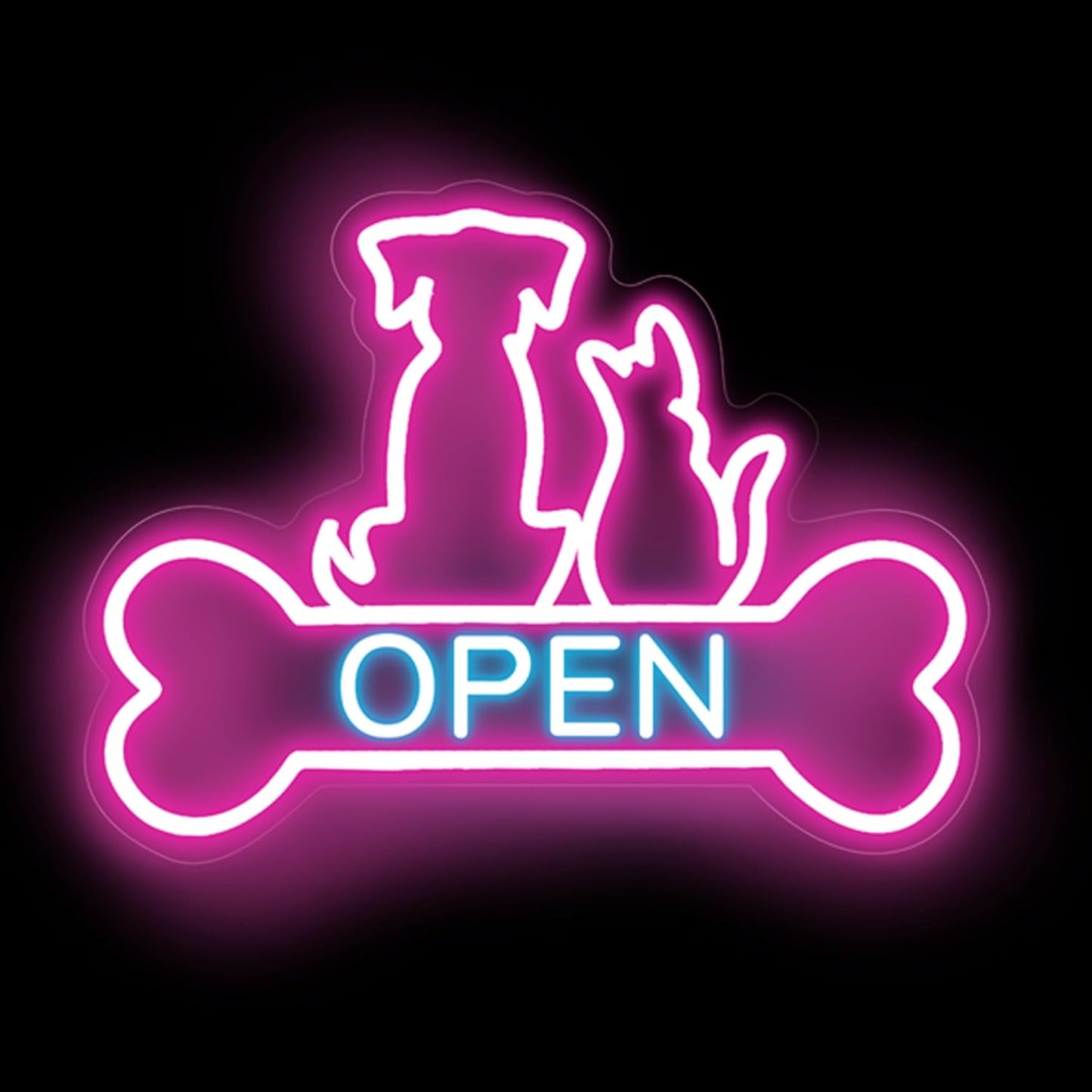 Pet Shop Open Neon Sign LED Dog And Cat Open Sign Bright Pet Grooming Salon Light Animal Shelter Storefront Decor Vet Clinic Window Sign, Pink+Ice Blue, 16.5"x12.4"