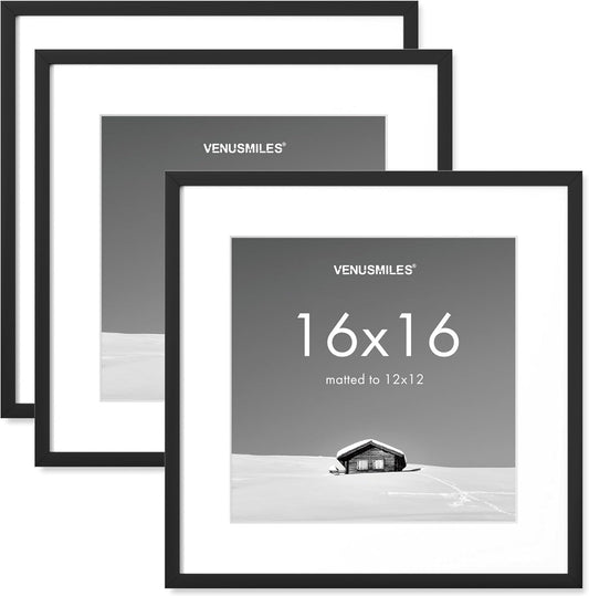 16x16 inch Picture Frame, 16x16 Photo Frames with 12x12 Removable Mat - High Definition Plexiglass - Vertical and Horizontal Display - Wall Hanging Frame - Black, 3 Pack