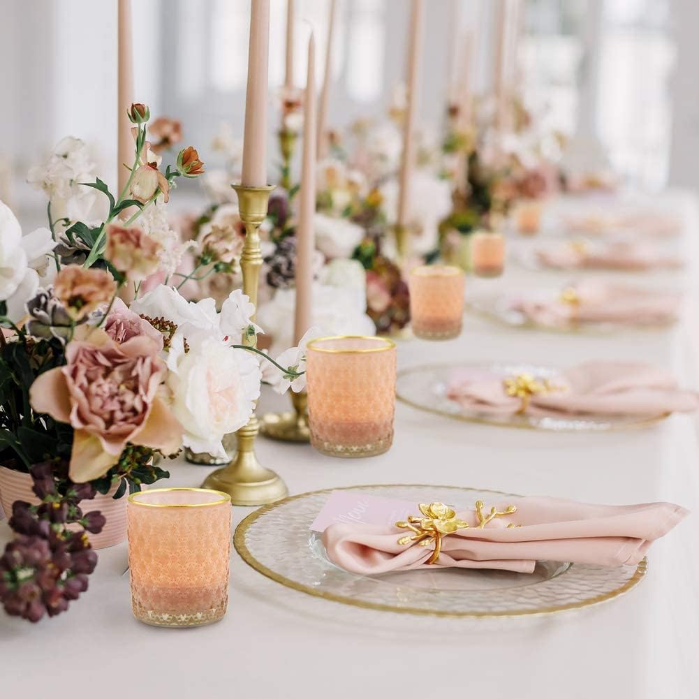 SHMILMH Pink Votive Candle Holders Set of 12, Vintage Glass Tealight Candle Holder with Gold Rim, Votives for Valentines Table Centerpiece, Wedding Decoration