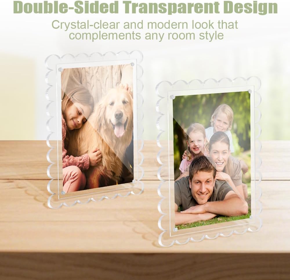 3 PCS 5x7 Inch Acrylic Picture Frames, Clear Scalloped Picture Frame with Removable Stand, Double Sided Transparent Magnetic Photo Frames for Home Office Refrigerator Tabletop Desktop Display