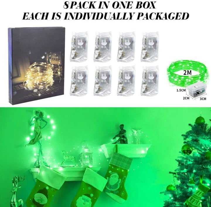 ZGWJ 8 Pack Fairy Lights Battery Operated, 7ft 20 Mini LED Fairy String Lights Silver Wire 3 Modes for DIY, Parties, Wedding, Bedroom, Halloween Christmas Decoration Green
