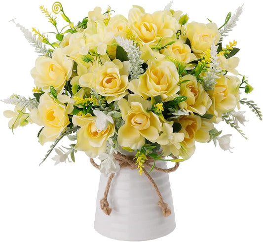 LESING Artificial Flowers with Vase for Table Centerpieces,Fake Silk Gardenia Flower in Vase Decoration for Home Office Party (Champagne)