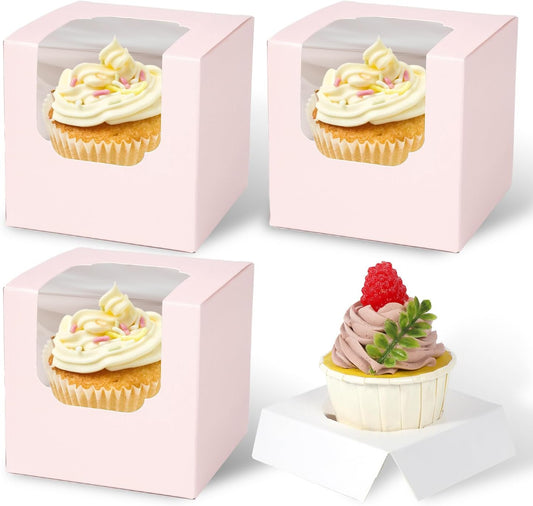 JCD 70 packs Pink Cupcake Boxes Individual Cupcake Container 3.5" x 3.5" x 3.5" Auto-Pop up Single cake Box for Bakery Gift Giving(70 Boxes+70 Inserts) (Pink/70Pcs)