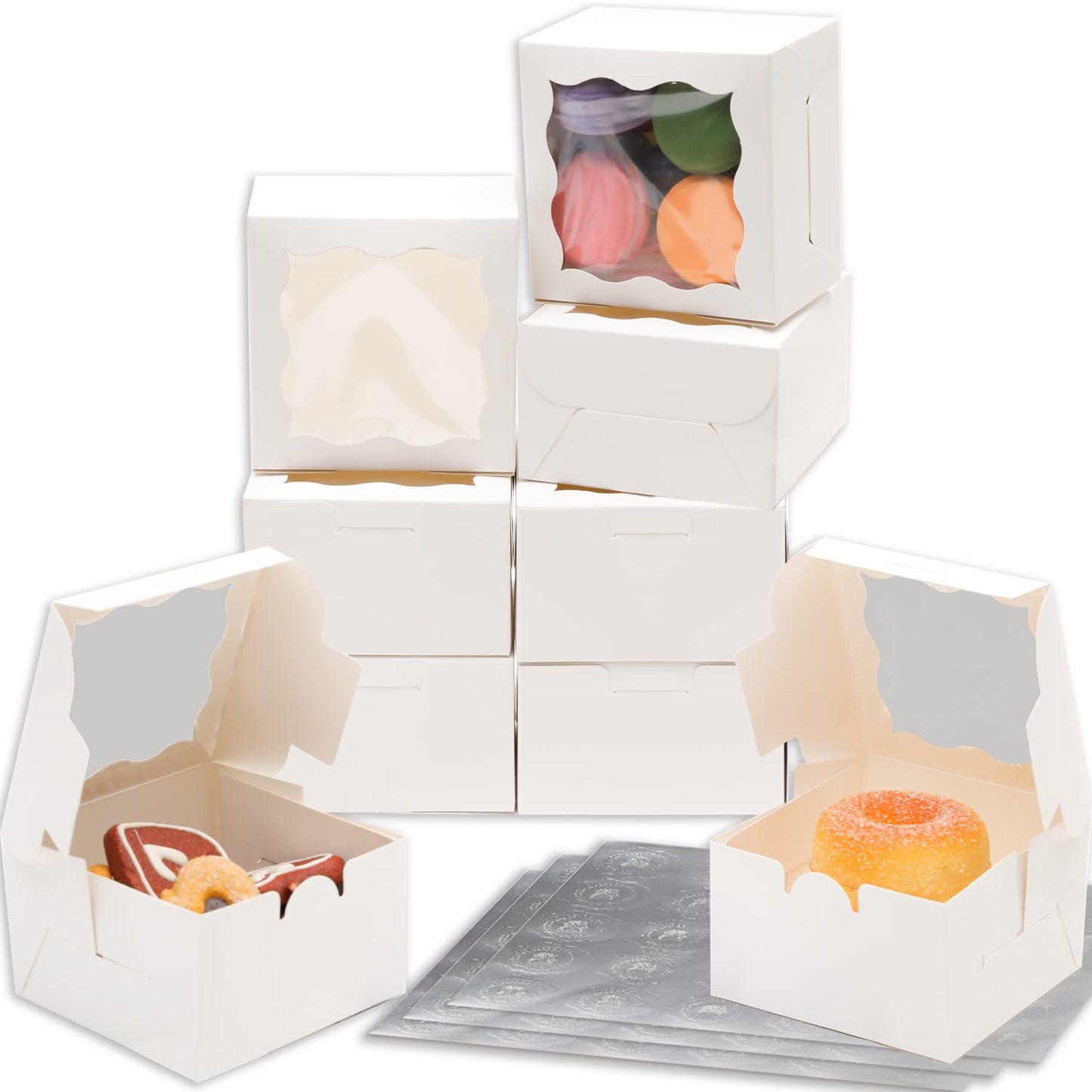 Bakepacker White Bakery Boxes with Window - 4x4x2.5 inches Small Size Pastry & Mini Cookie Boxes for Bakeries - Thick & Sturdy (100 Packs)