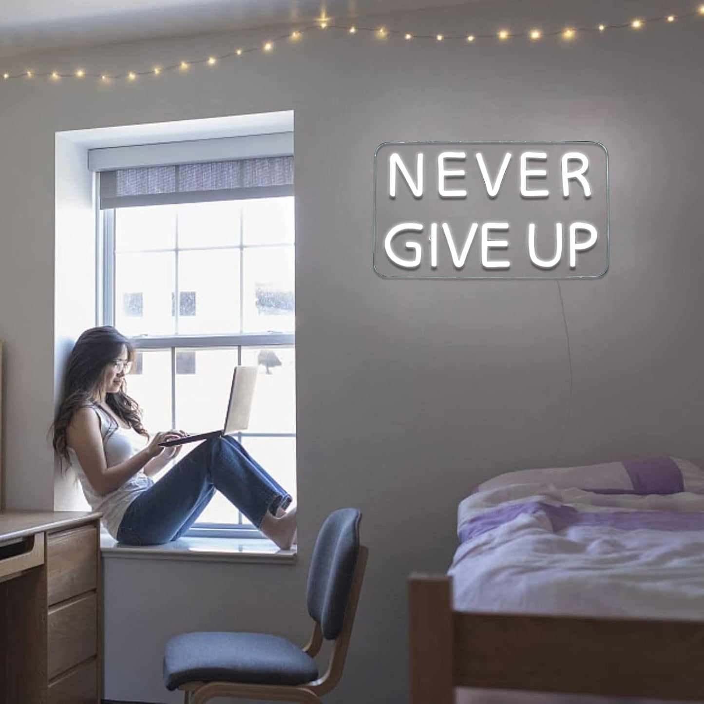 Never Give Up Neon Sign for Wall Decor,Inspire Slogan for Study Room Decoration,Wall Art Lighting As Gifts for Kids or Friends.