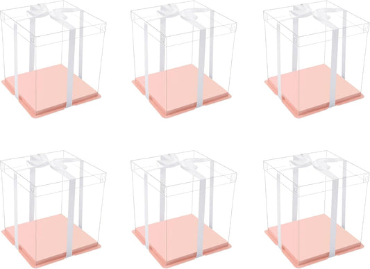 XININSUN clear cake box with ribbon,8inch 10inch cake boxes,transparent tall cake box cake carrier,Square Cardboard Cake Containers clear gift box for Wedding,Birthday,Party(6pcs-Pink)