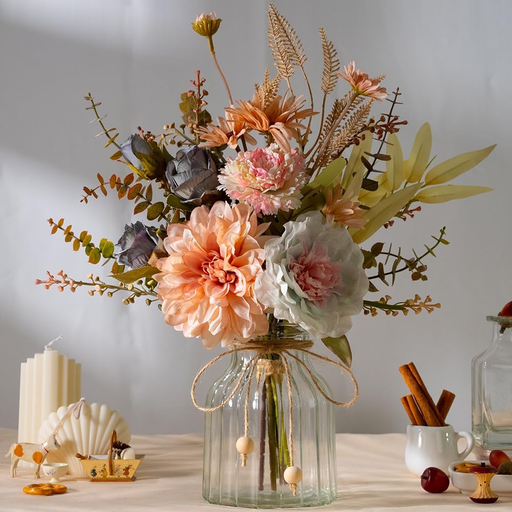 LESING Dahlia Flower Aritificial Flower with Vase Fake Silk Flowers in Glass Vase Faux Rose Flowers Arrangement for Home Office Table Centerpiece Decoration (Pink)