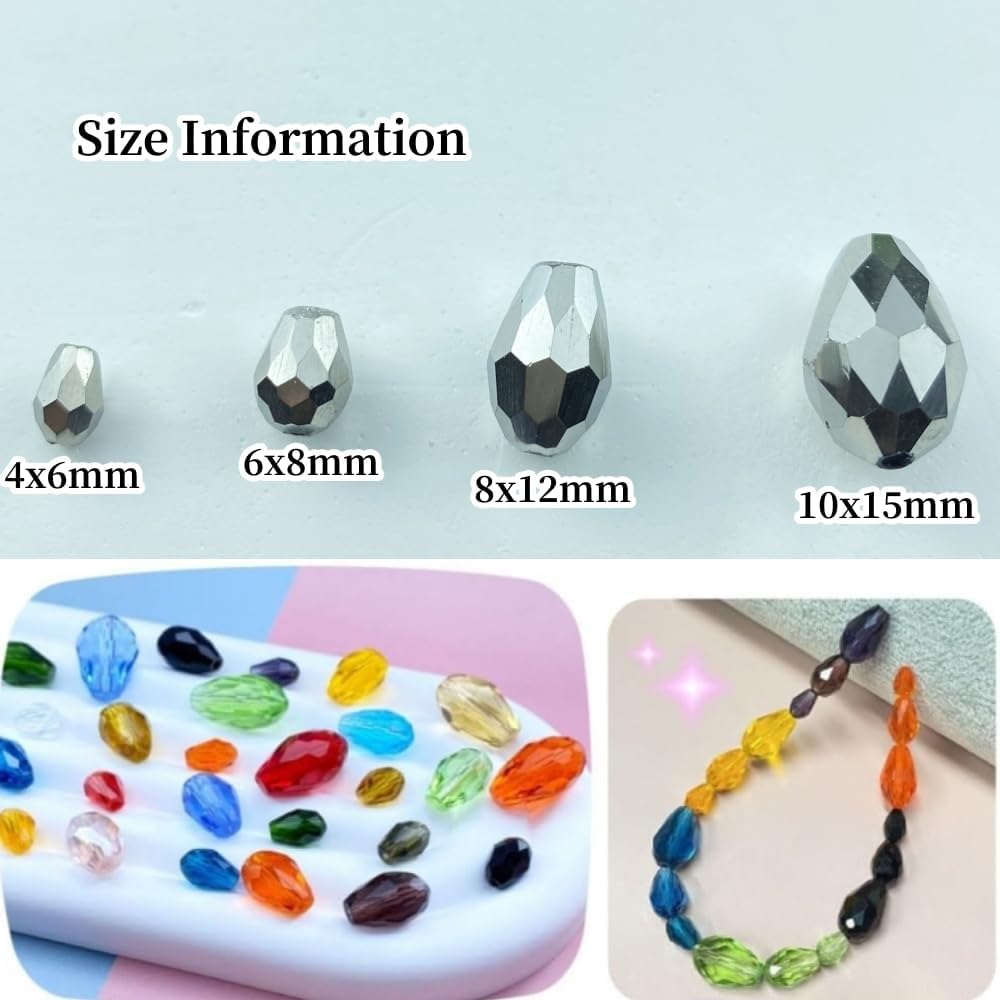 50pcs 10x15mm Teardrop Crystal Glass Beads Vertical Hole Faceted Glass Teardrop Spacer Beads for Bracelets Necklace Earring DIY Jewelry Making Craft(Silver)