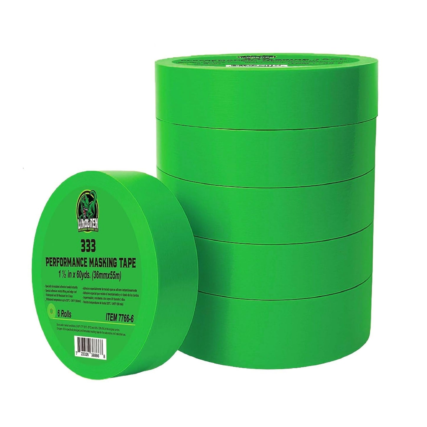 LAUCO DINOGREN High Performance Masking Tape for Car Paint, Heat & Water Resistant, Multi-Purpose Green (1.5 in x 60 yd, 6 Rolls) – Clean Removal, Auto Body Shop, Industrial Use, Crepe Backed*