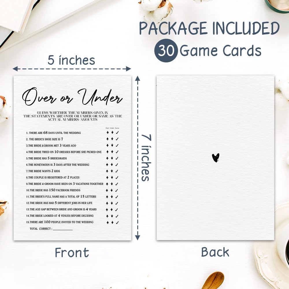 30 Minimalism Game Cards - Over or Under - Bridal Shower, Engagement, Mr & Mrs, Newlyweds, Wedding Games, Party Activities & Supplies - B07 White
