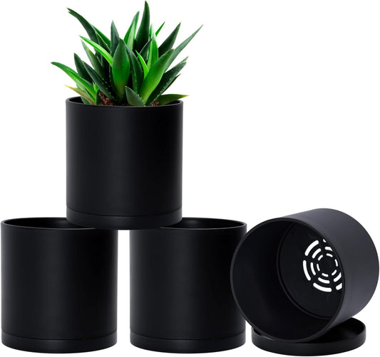 D'vine Dev 4 Pack 5 Inch Modern Plastic Plant Pots, Small Garden Planters for Plant with Drainage Holes and Saucers, Black Color, 74-Y-G-2