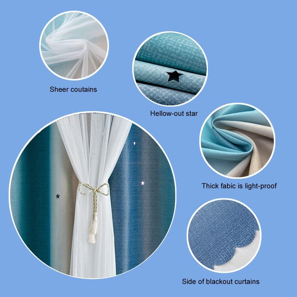FANLI Ombre Rainbow Blackout Curtains for Kid Girls Bedroom Living Room Darking Stripe Double Layer Star Cut Out Wall Home Decor Gradient Grommet Window Curtains (Blue/Yellow, 52W x 72L)