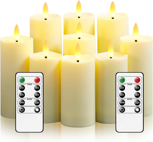 Plastic Waterproof Outdoor flameless Candles, LED Candles, with Remote Control and Timer, Battery-Powered Candles, Suitable for Camping, courtyards and Home Decoration,Set of 9（Ivory）