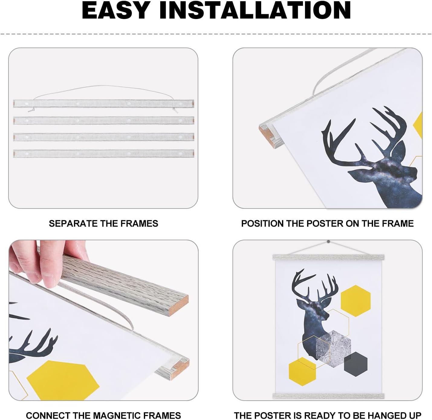 Magnetic Poster Hanger, 21x21 21x15 21x27 Poster Frame Wood Wooden Magnet Print Posters Dowel Scroll Hanger Hangers Hanging Kit for Walls Map Canvas Artwork (Grey, 21")