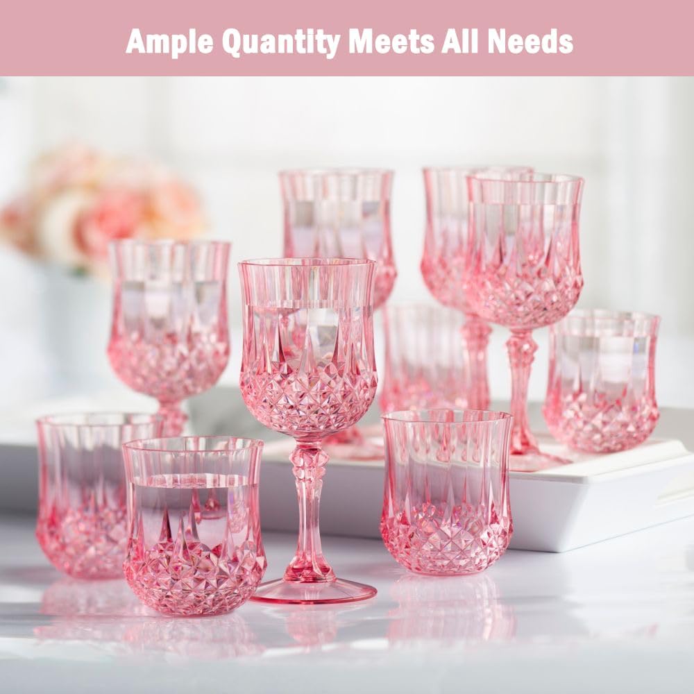 Plastic Wine Glasses，Plastic Goblets Vintage Style Cordial Drinking Glasses for Wedding Reception, Grand Event Party Supplies (24, Pink)