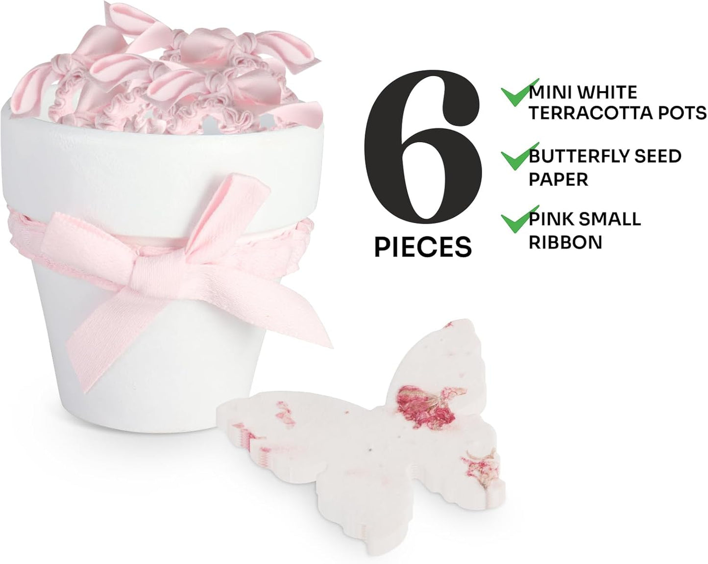 Set of 6 Seed Paper – 6 Pink Butterflies & 6 White Pots with Bow for Baby Shower, Gender Reveal, Birthday, & Other Milestone Celebrations