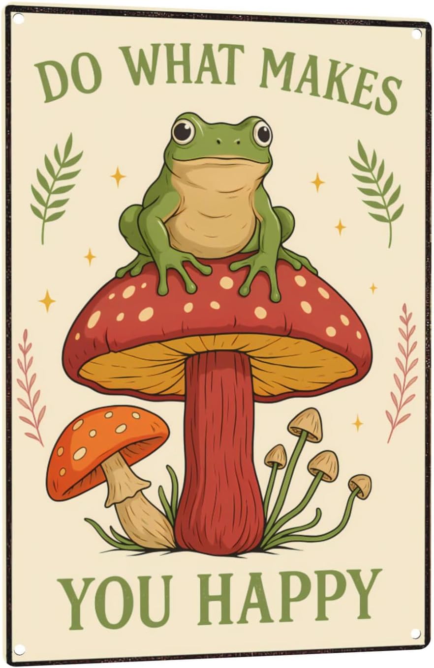 Funny Frog on Mushroom Metal Sign - Cute Cottagecore Forest Wall Decor for Bathroom, Kitchen, Bedroom or Patio - Whimsical 12" x 8" Tin Sign
