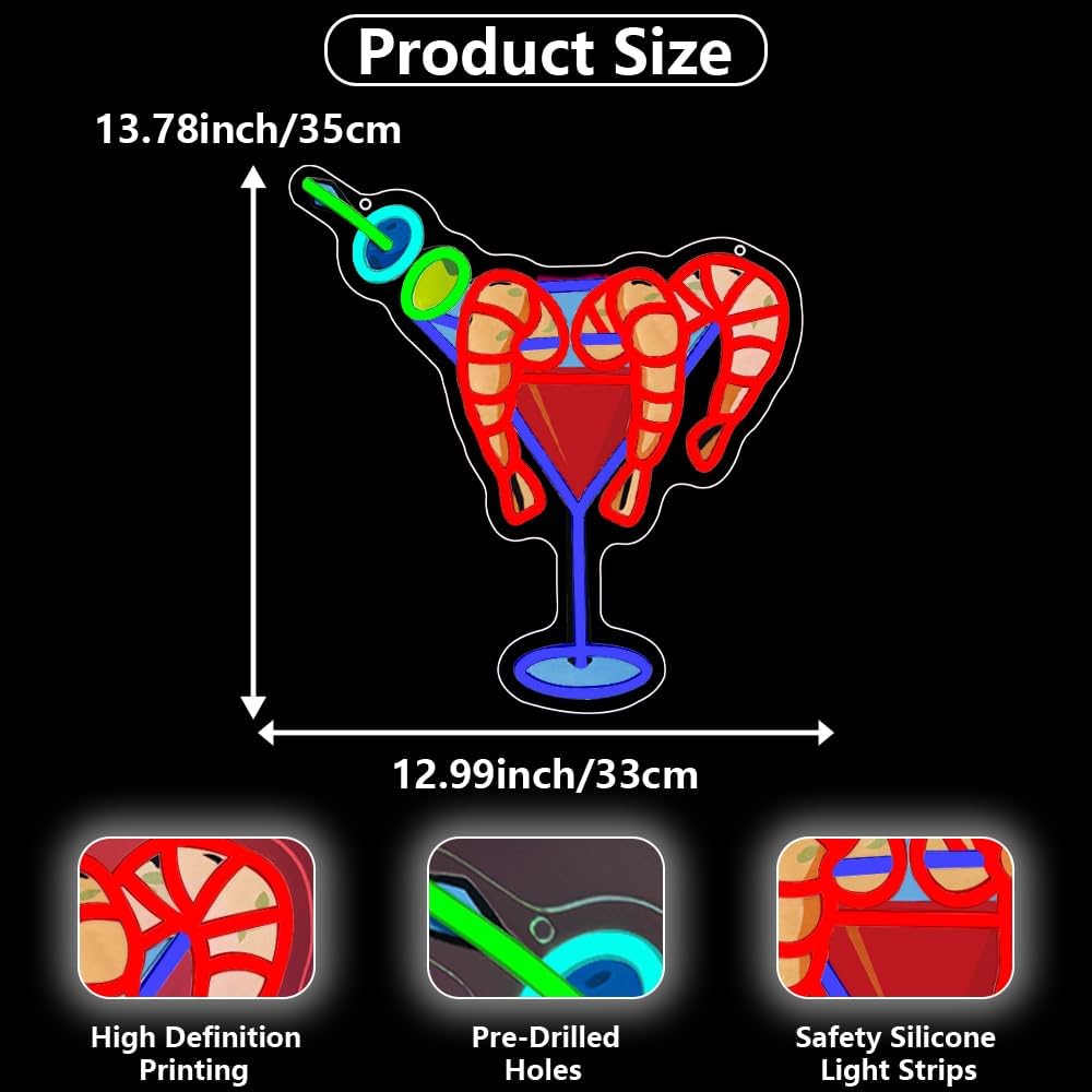 Cocktails Drinks Neon Signs for Wall Decor,Shrimp LED Neon Sign for Cocktails Bar Art Wall Lights,Adjustable Brightness Drinks Neon Sign for Beer Bar Decor,Restaurant,Pub Party,Night Club,Business