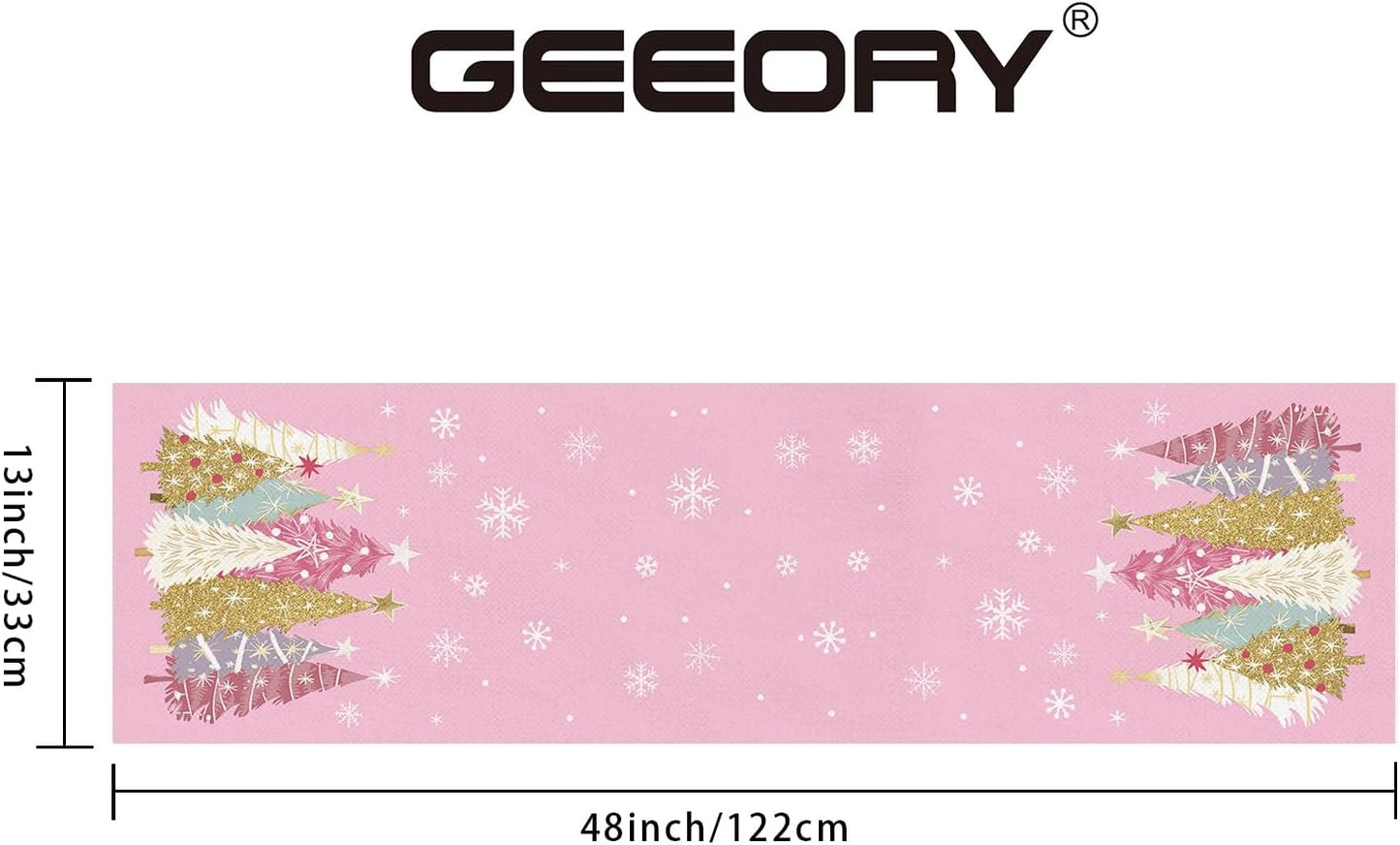 GEEORY Christmas Table Runner 13x48 Inch, Xmas Trees Snowflakes Holiday Decorative Farmhouse Table Decoration for Kitchen Dinning, Indoor Outdoor Dinner Party Decor (Pink) GT153-48