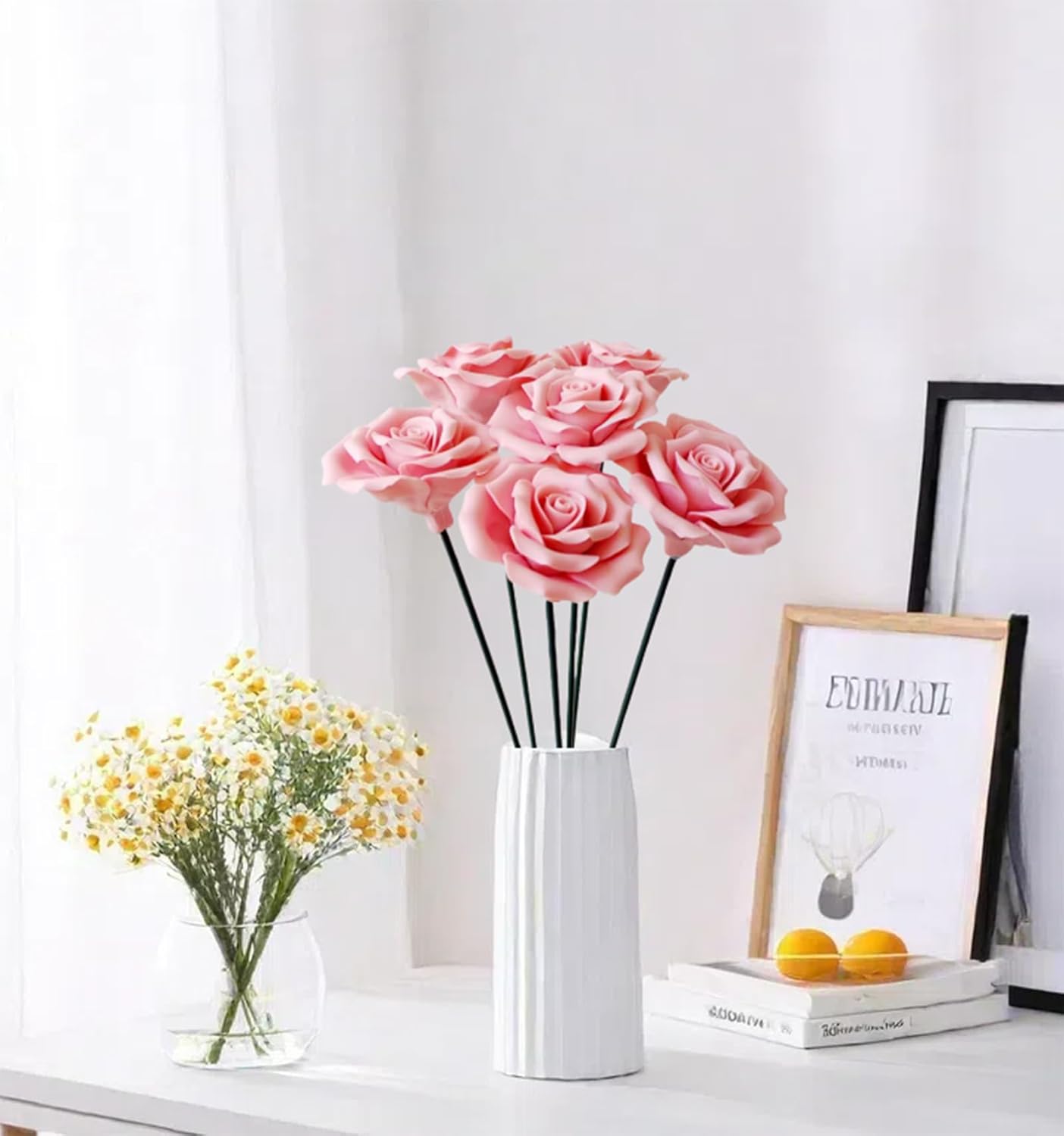 6 pcs Handmade Ceramic Roses,Featuring Vibrant Colors and Intricate Petal Details Floral Decorations Wedding Decoration Christmas Decor Gift Providing Long-Lasting Beauty (Pink)