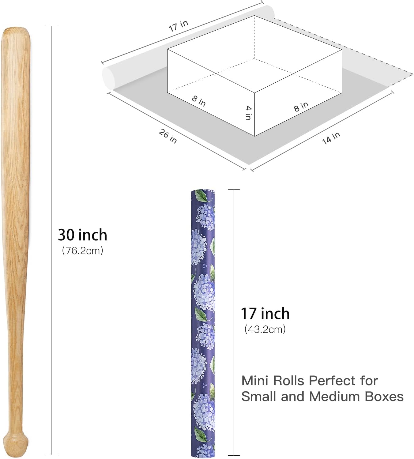 RUSPEPA Floral Wrapping Paper Roll for Women, Mini Roll, Elegant Hydrangea Flower Design Kraft Gift Wrap Paper Perfect for Birthday, Spring, Wedding, Bridal Shower, Mother's Day, 17 Inch x 16.4 Feet