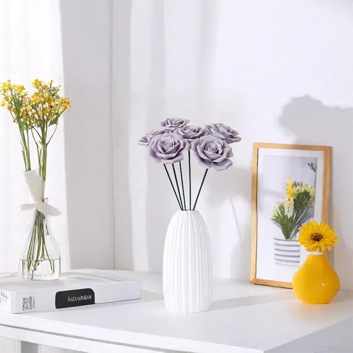 6 pcs Handmade Ceramic Roses,Featuring Vibrant Colors and Intricate Petal Details Floral Decorations Wedding Decoration Christmas Decor Gift Providing Long-Lasting Beauty (Purple)