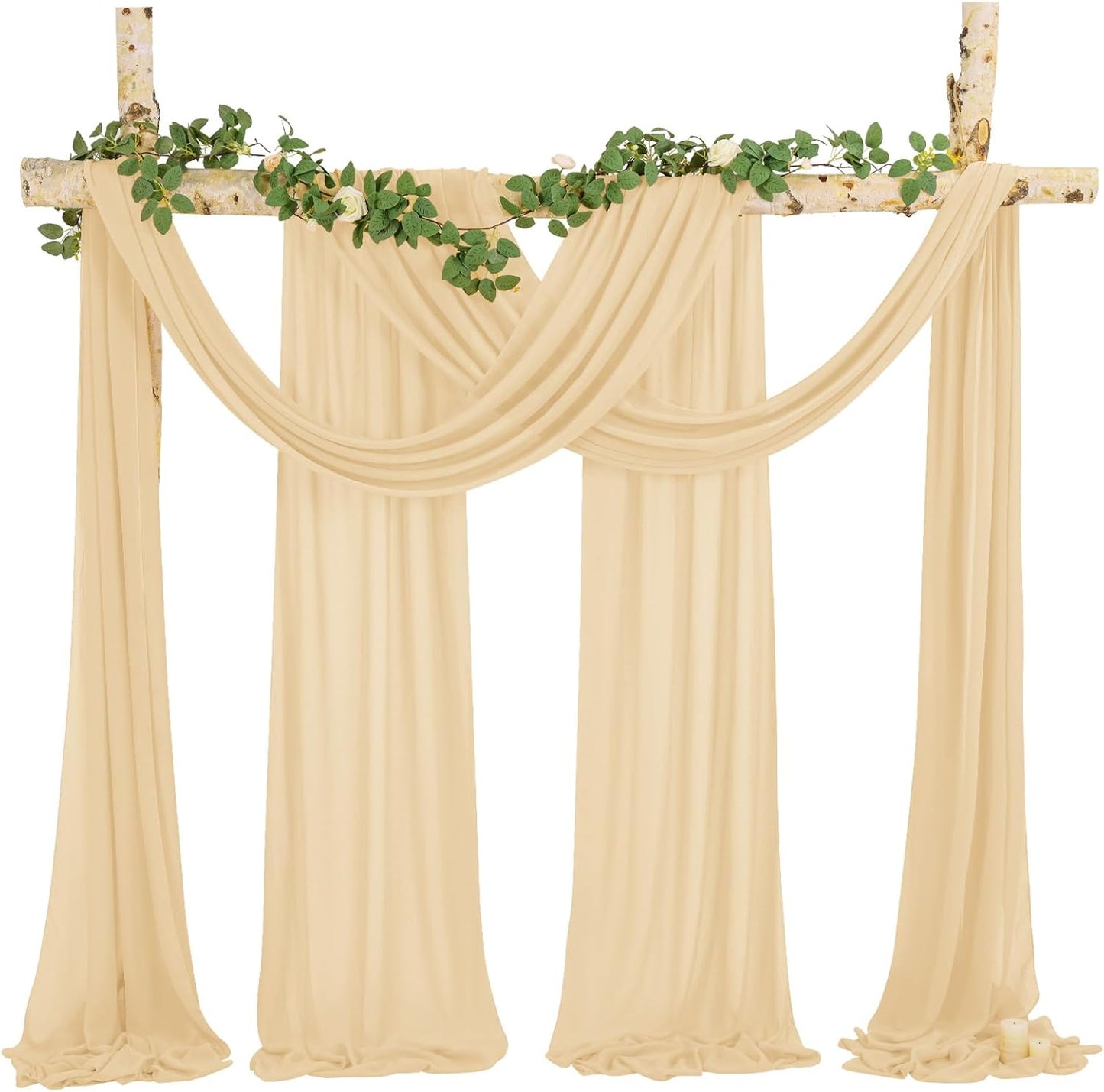 4 Panels Wedding Arch Draping Fabric, 28" x20ft Champagne Drapes, Sheer Chiffon Curtain Arbor Drapery Ceiling Drapes Backdrop for Ceremony Party Decor
